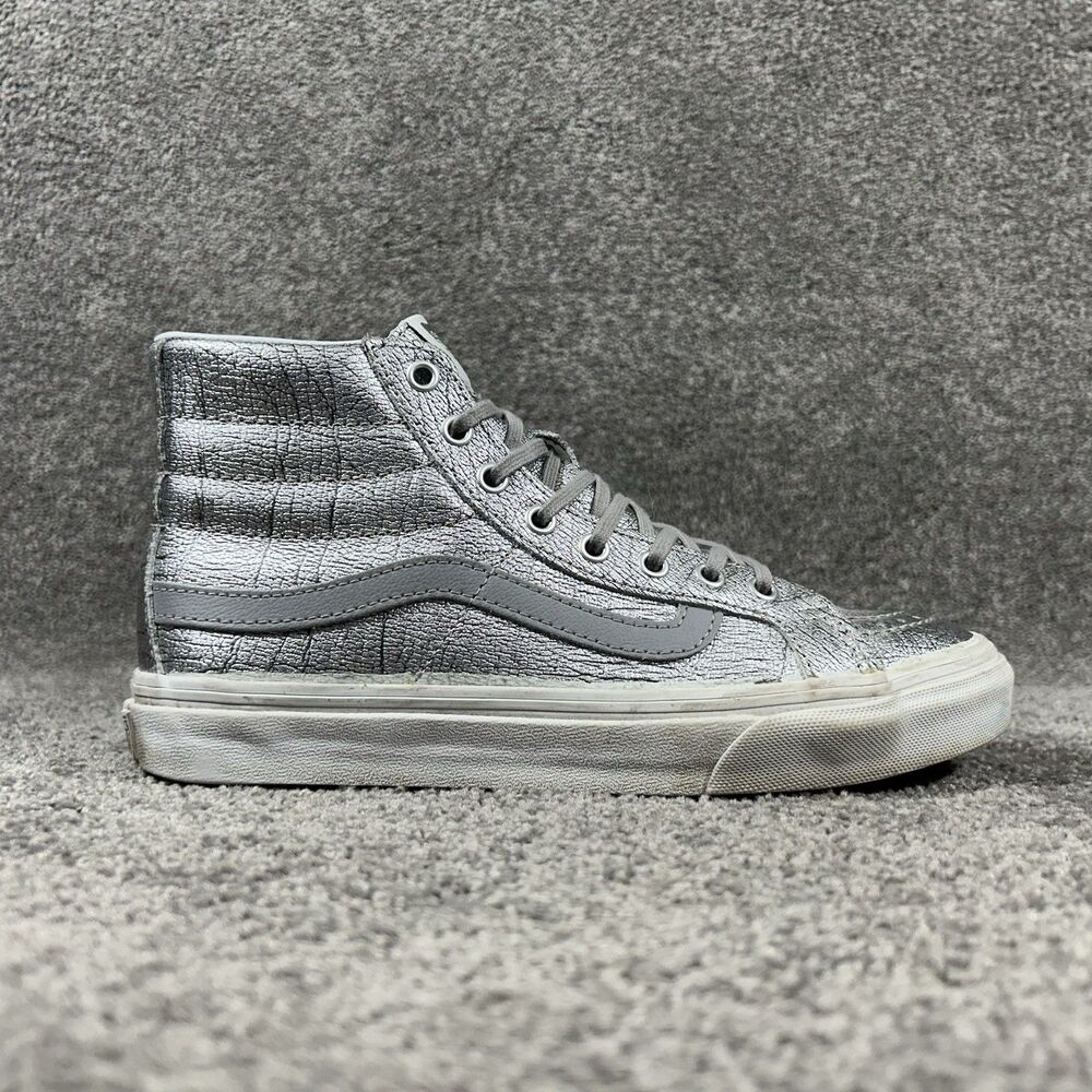 Vans Sk8 Hi Slim Women’s Size 6.5 Silver Metallic Crackled Foil Skate Shoes Used